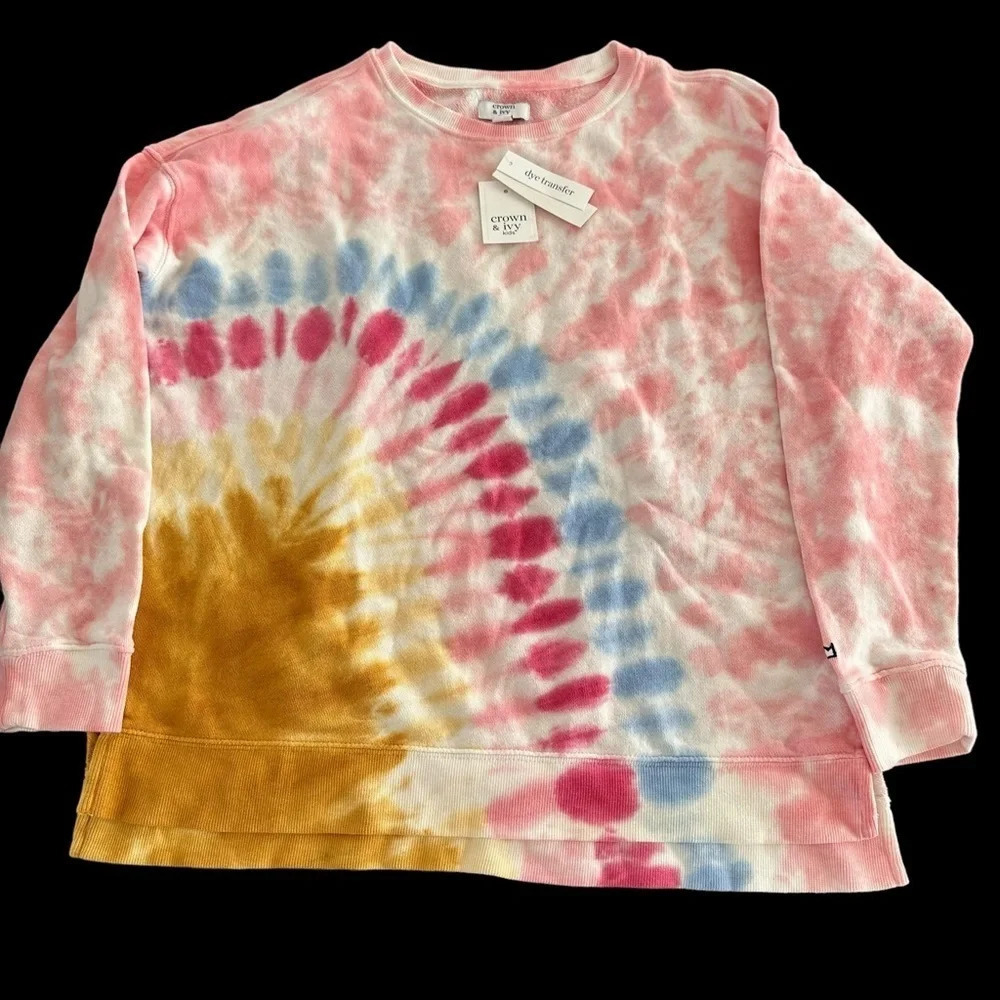 NWT Crown & Ivy Girls XL Rainbow Tie Dye Pullover Sweatshirt Top Oversized New